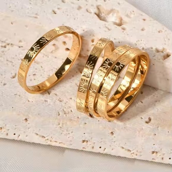 Jewelry - 18K Gold Plated Unique Design Fine Jewelry Sun Engrave Stackable Ring Stainless